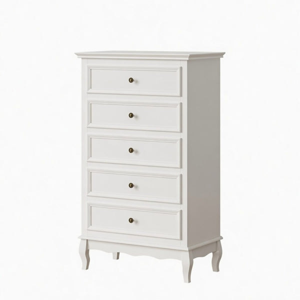 English Elm 27.6" White Five Drawer Tall Chest with Rubberwood Legs Soft Close Modern Storage B082P517255