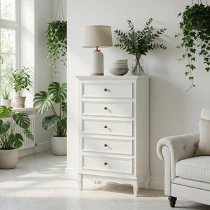English Elm 27.6" White Five Drawer Tall Chest with Rubberwood Legs Soft Close Modern Storage B082P517255