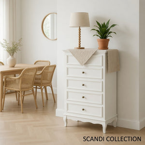 English Elm 27.6" White Five Drawer Tall Chest with Rubberwood Legs Soft Close Modern Storage B082P517255