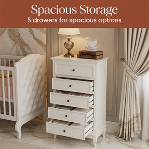 English Elm 27.6" White Five Drawer Tall Chest with Rubberwood Legs Soft Close Modern Storage B082P517255