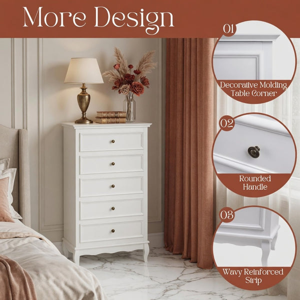 English Elm 27.6" White Five Drawer Tall Chest with Rubberwood Legs Soft Close Modern Storage B082P517255