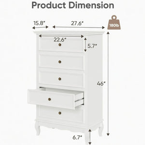 English Elm 27.6" White Five Drawer Tall Chest with Rubberwood Legs Soft Close Modern Storage B082P517255