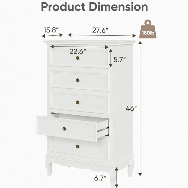 English Elm 27.6" White Five Drawer Tall Chest with Rubberwood Legs Soft Close Modern Storage B082P517255