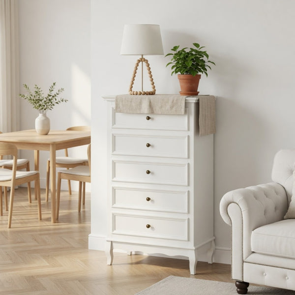 English Elm 27.6" White Five Drawer Tall Chest with Rubberwood Legs Soft Close Modern Storage B082P517255