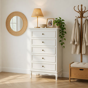 English Elm 27.6" White Five Drawer Tall Chest with Rubberwood Legs Soft Close Modern Storage B082P517255