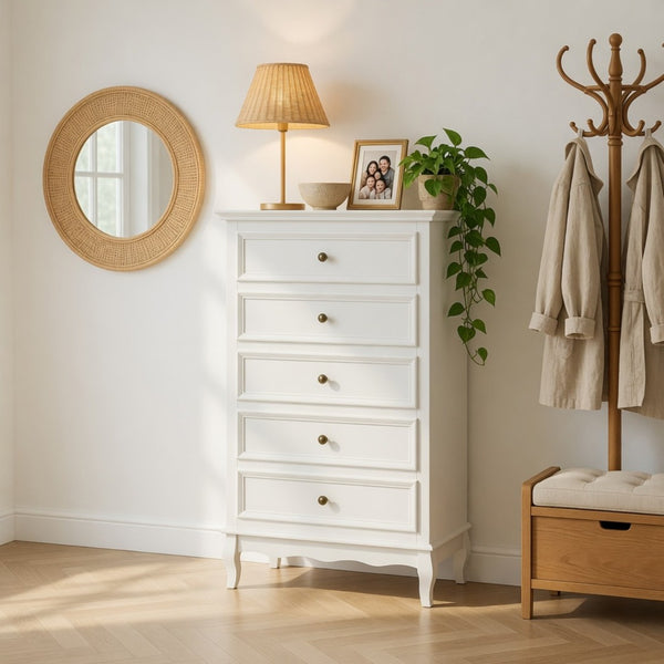 English Elm 27.6" White Five Drawer Tall Chest with Rubberwood Legs Soft Close Modern Storage B082P517255