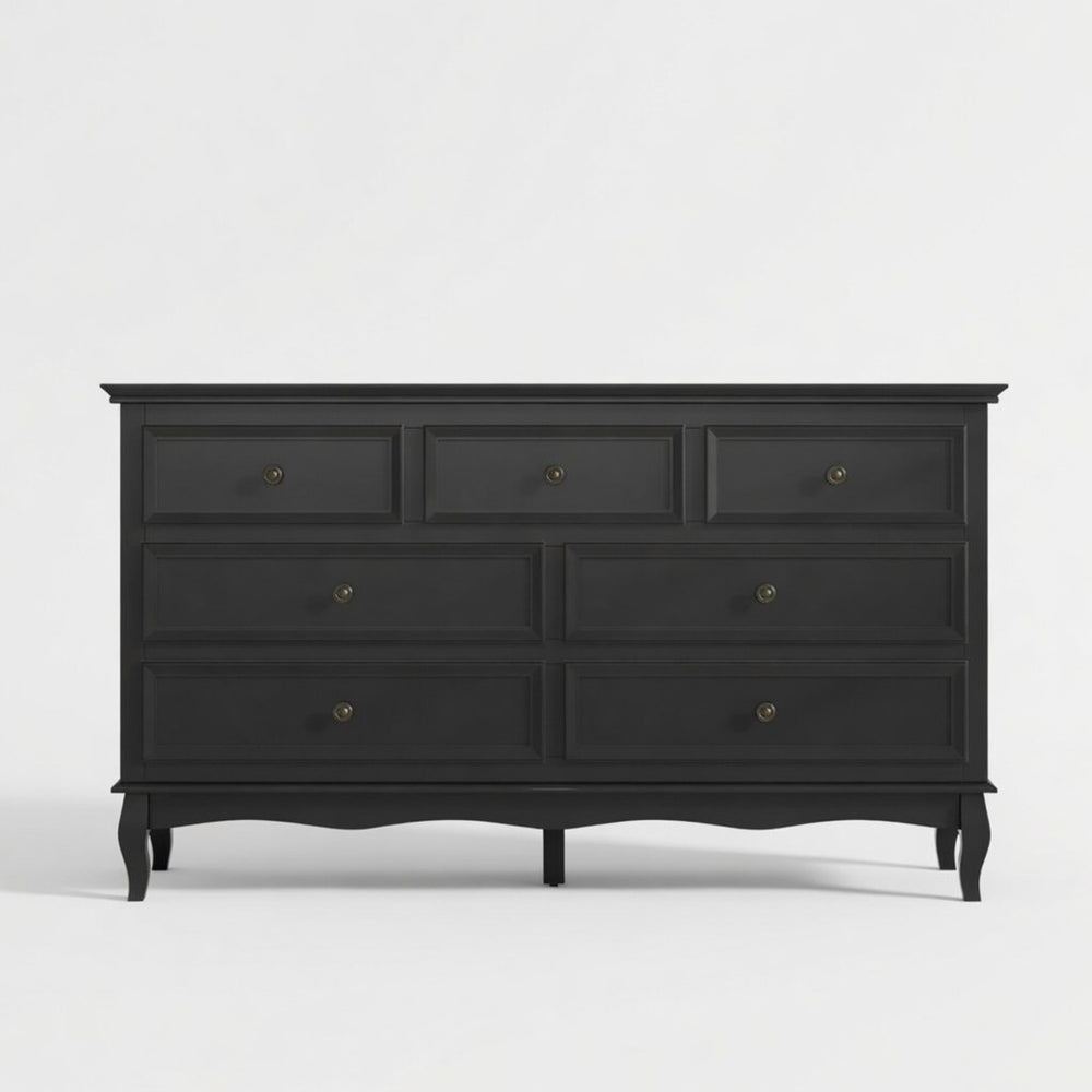 English Elm 55" Wide Seven Drawer Matte Black Dresser with Solid Wood Legs for Modern Bedroom B082P517256