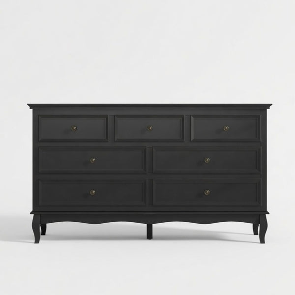 English Elm 55" Wide Seven Drawer Matte Black Dresser with Solid Wood Legs for Modern Bedroom B082P517256