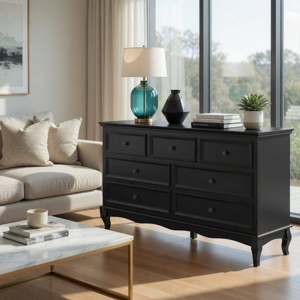 English Elm 55" Wide Seven Drawer Matte Black Dresser with Solid Wood Legs for Modern Bedroom B082P517256