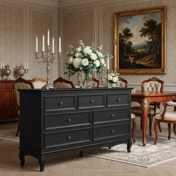 English Elm 55" Wide Seven Drawer Matte Black Dresser with Solid Wood Legs for Modern Bedroom B082P517256