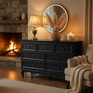 English Elm 55" Wide Seven Drawer Matte Black Dresser with Solid Wood Legs for Modern Bedroom B082P517256