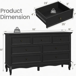 English Elm 55" Wide Seven Drawer Matte Black Dresser with Solid Wood Legs for Modern Bedroom B082P517256