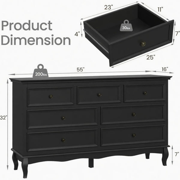 English Elm 55" Wide Seven Drawer Matte Black Dresser with Solid Wood Legs for Modern Bedroom B082P517256