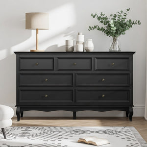 English Elm 55" Wide Seven Drawer Matte Black Dresser with Solid Wood Legs for Modern Bedroom B082P517256