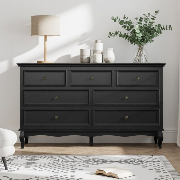 English Elm 55" Wide Seven Drawer Matte Black Dresser with Solid Wood Legs for Modern Bedroom B082P517256