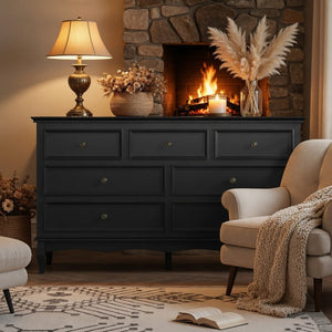 English Elm 55" Wide Seven Drawer Matte Black Dresser with Solid Wood Legs for Modern Bedroom B082P517256