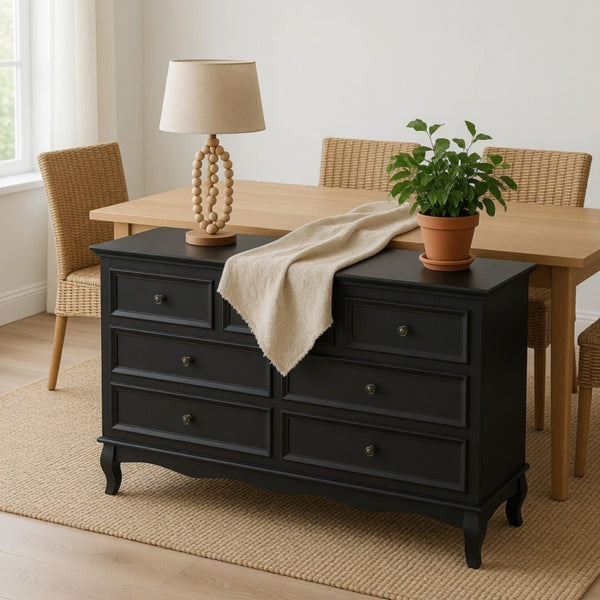 English Elm 55" Wide Seven Drawer Matte Black Dresser with Solid Wood Legs for Modern Bedroom B082P517256