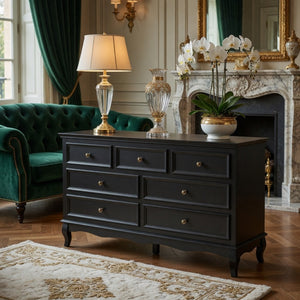 English Elm 55" Wide Seven Drawer Matte Black Dresser with Solid Wood Legs for Modern Bedroom B082P517256