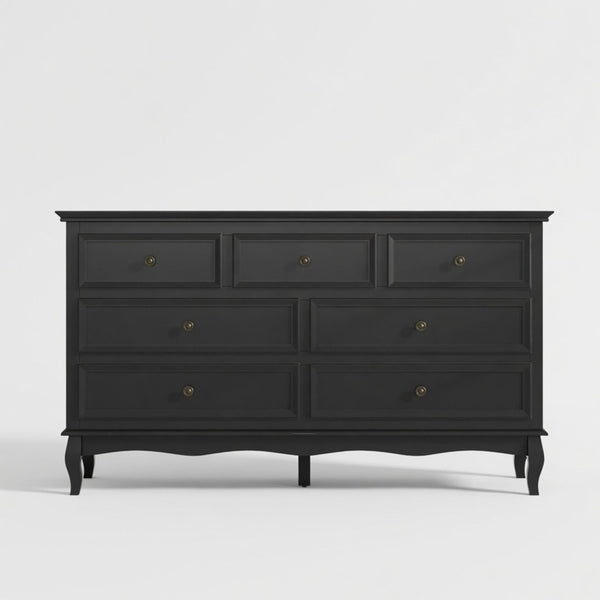 English Elm 55" Wide Seven Drawer Matte Black Dresser with Solid Wood Legs for Modern Bedroom B082P517256