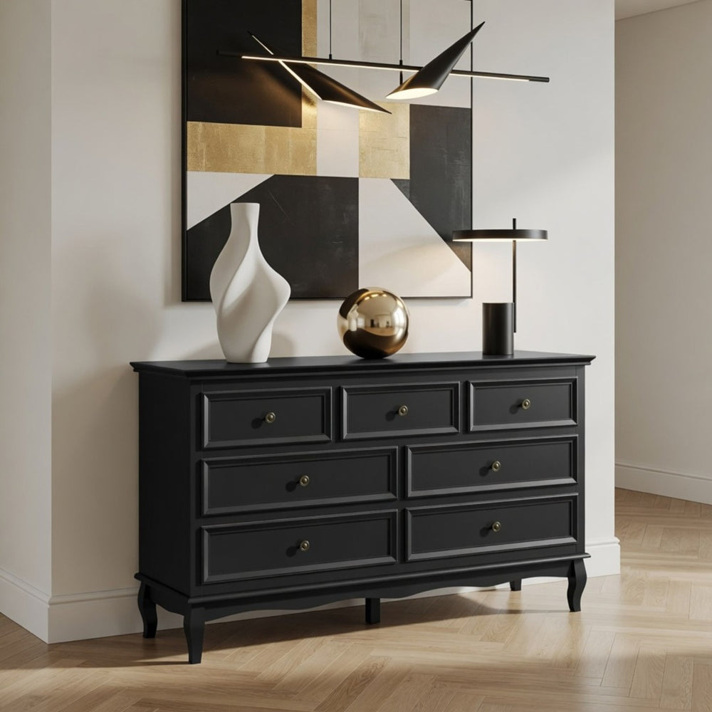 English Elm 55" Wide Seven Drawer Matte Black Dresser with Solid Wood Legs for Modern Bedroom B082P517256