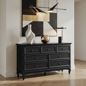 English Elm 55" Wide Seven Drawer Matte Black Dresser with Solid Wood Legs for Modern Bedroom B082P517256