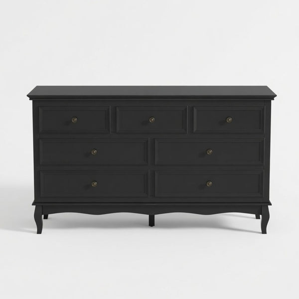 English Elm 55" Wide Seven Drawer Matte Black Dresser with Solid Wood Legs for Modern Bedroom B082P517256