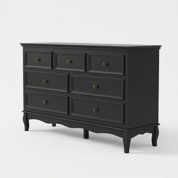 English Elm 55" Wide Seven Drawer Matte Black Dresser with Solid Wood Legs for Modern Bedroom B082P517256