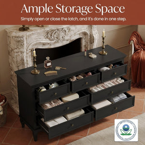 English Elm 55" Wide Seven Drawer Matte Black Dresser with Solid Wood Legs for Modern Bedroom B082P517256