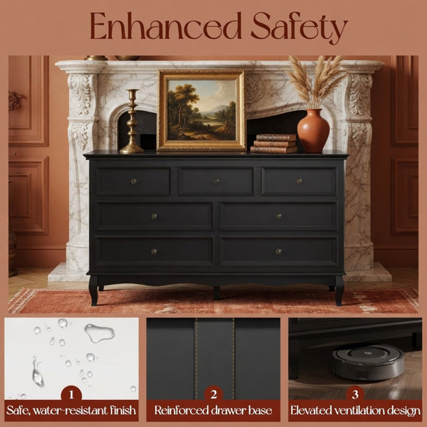 English Elm 55" Wide Seven Drawer Matte Black Dresser with Solid Wood Legs for Modern Bedroom B082P517256
