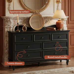 English Elm 55" Wide Seven Drawer Matte Black Dresser with Solid Wood Legs for Modern Bedroom B082P517256