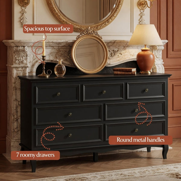 English Elm 55" Wide Seven Drawer Matte Black Dresser with Solid Wood Legs for Modern Bedroom B082P517256