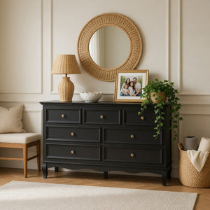 English Elm 55" Wide Seven Drawer Matte Black Dresser with Solid Wood Legs for Modern Bedroom B082P517256