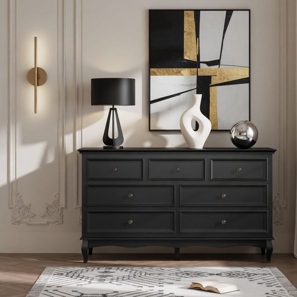 English Elm 55" Wide Seven Drawer Matte Black Dresser with Solid Wood Legs for Modern Bedroom B082P517256