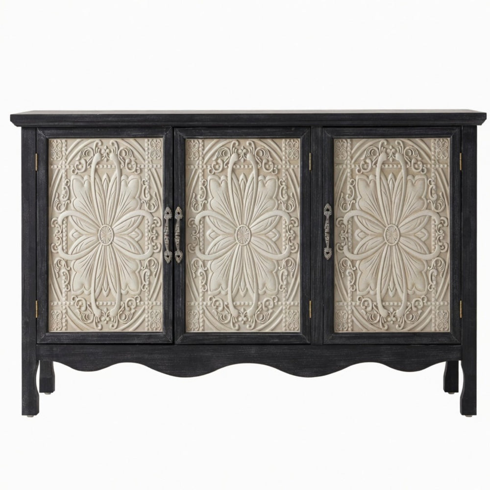 English Elm 49.2" Farmhouse Credenza Carved Panel Doors Weathered Finish Dining Entryway Storage B082P517257