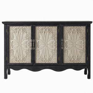 English Elm 49.2" Farmhouse Credenza Carved Panel Doors Weathered Finish Dining Entryway Storage B082P517257