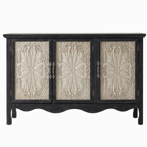 English Elm 49.2" Farmhouse Credenza Carved Panel Doors Weathered Finish Dining Entryway Storage B082P517257