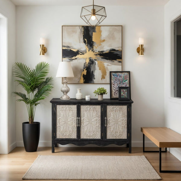 English Elm 49.2" Farmhouse Credenza Carved Panel Doors Weathered Finish Dining Entryway Storage B082P517257