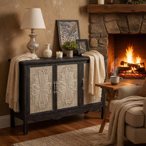 English Elm 49.2" Farmhouse Credenza Carved Panel Doors Weathered Finish Dining Entryway Storage B082P517257