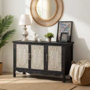 English Elm 49.2" Farmhouse Credenza Carved Panel Doors Weathered Finish Dining Entryway Storage B082P517257