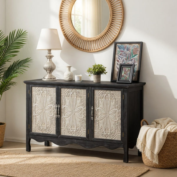 English Elm 49.2" Farmhouse Credenza Carved Panel Doors Weathered Finish Dining Entryway Storage B082P517257