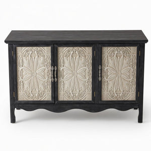 English Elm 49.2" Farmhouse Credenza Carved Panel Doors Weathered Finish Dining Entryway Storage B082P517257