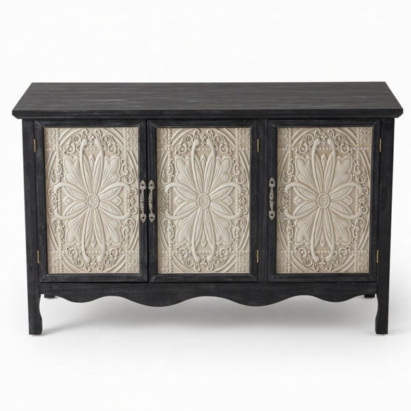 English Elm 49.2" Farmhouse Credenza Carved Panel Doors Weathered Finish Dining Entryway Storage B082P517257