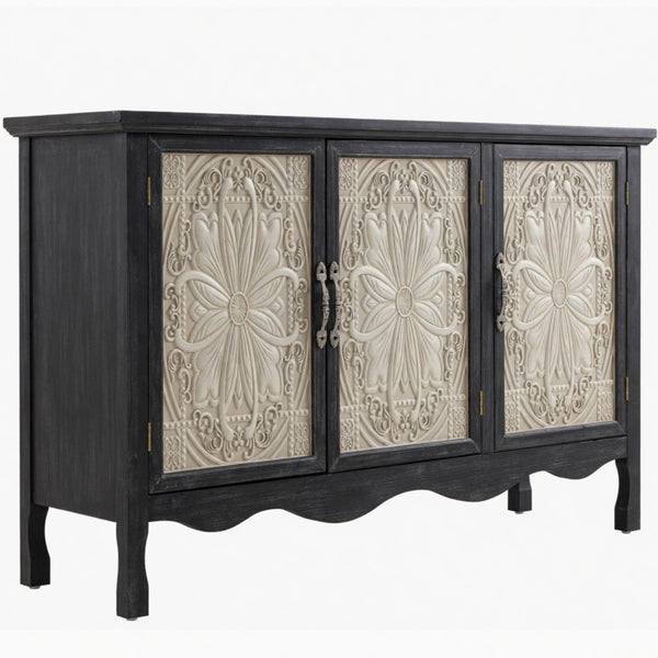 English Elm 49.2" Farmhouse Credenza Carved Panel Doors Weathered Finish Dining Entryway Storage B082P517257