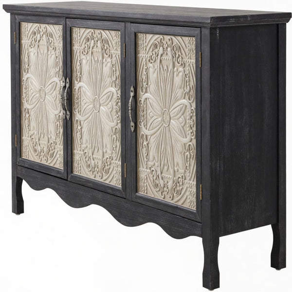 English Elm 49.2" Farmhouse Credenza Carved Panel Doors Weathered Finish Dining Entryway Storage B082P517257