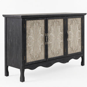 English Elm 49.2" Farmhouse Credenza Carved Panel Doors Weathered Finish Dining Entryway Storage B082P517257