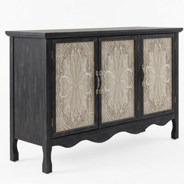 English Elm 49.2" Farmhouse Credenza Carved Panel Doors Weathered Finish Dining Entryway Storage B082P517257
