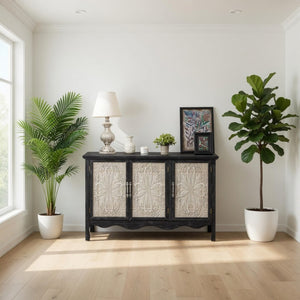 English Elm 49.2" Farmhouse Credenza Carved Panel Doors Weathered Finish Dining Entryway Storage B082P517257