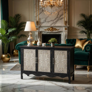 English Elm 49.2" Farmhouse Credenza Carved Panel Doors Weathered Finish Dining Entryway Storage B082P517257