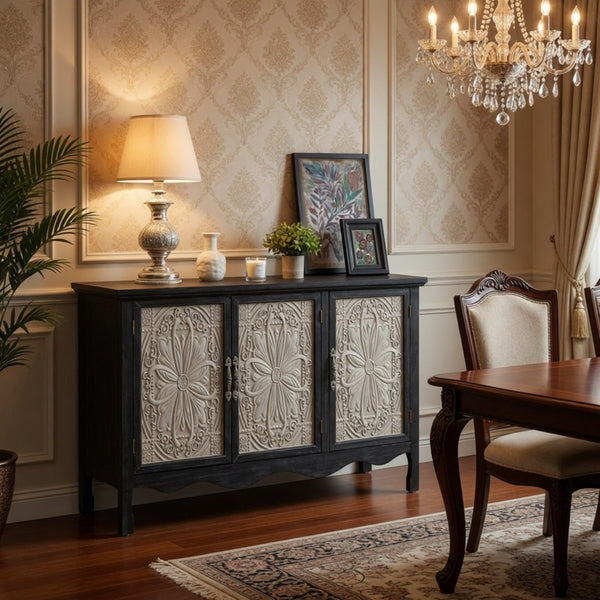 English Elm 49.2" Farmhouse Credenza Carved Panel Doors Weathered Finish Dining Entryway Storage B082P517257