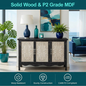 English Elm 49.2" Farmhouse Credenza Carved Panel Doors Weathered Finish Dining Entryway Storage B082P517257